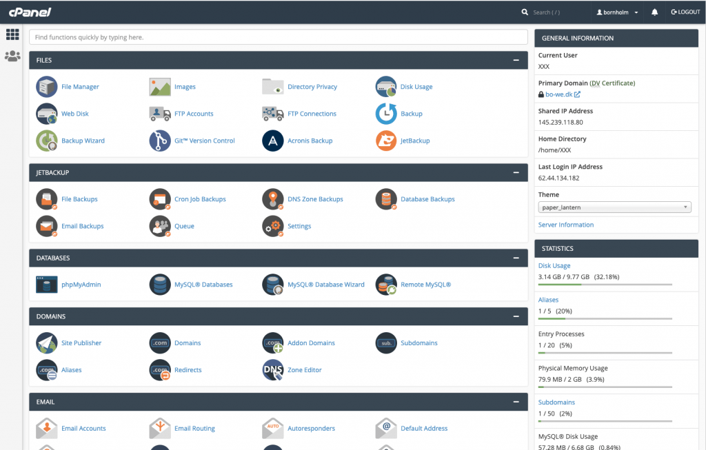 cPanel dashboard til net-hýsing